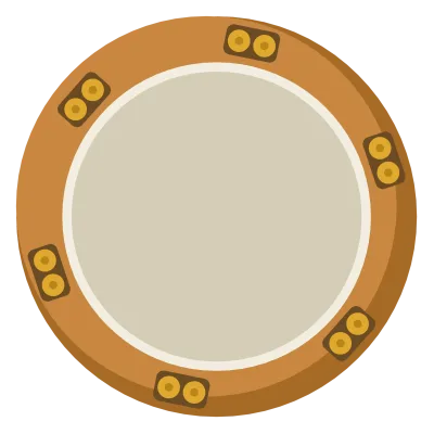 A wooden tambourine with pairs of metal jingles set into slots around the rim.