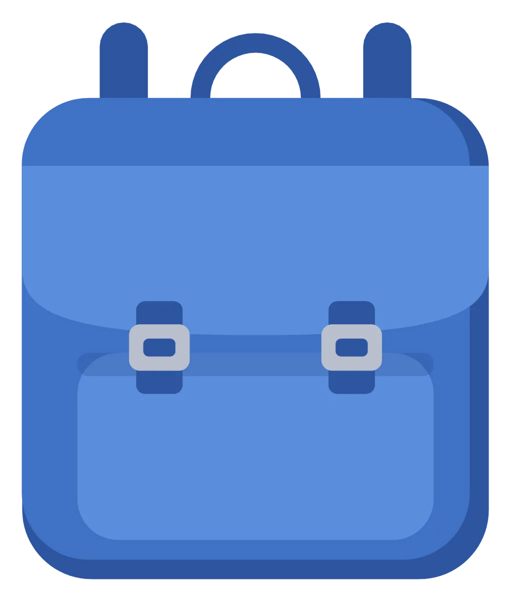 A blue school backpack with a buckled flap, a front pocket and two padded shoulder straps.