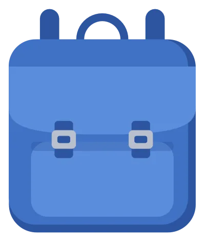 A blue school backpack with a buckled flap, a front pocket and two padded shoulder straps.