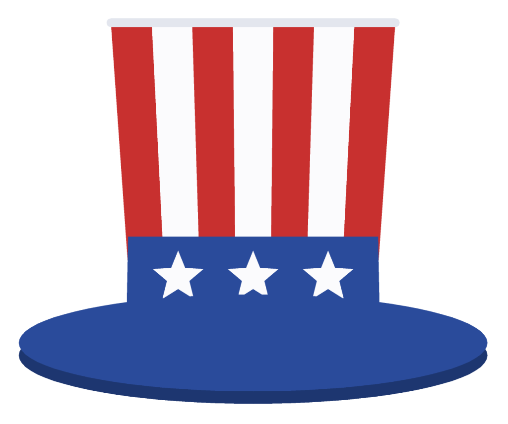 A tall Uncle Sam top hat with red and white vertical stripes on the crown and a blue star-spangled band above the brim.