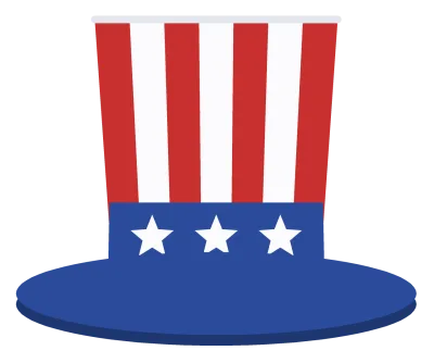 A tall Uncle Sam top hat with red and white vertical stripes on the crown and a blue star-spangled band above the brim.