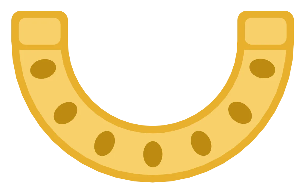 A gold horseshoe with seven nail holes, hung with the open end pointing upward.