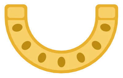 A gold horseshoe with seven nail holes, hung with the open end pointing upward.