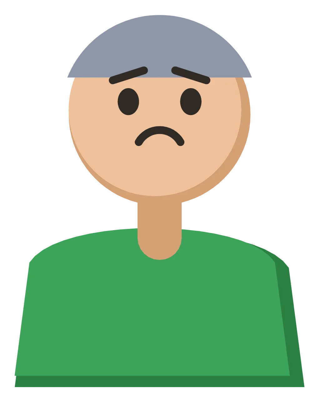 A head and shoulders portrait of a person with a downturned mouth and sloped brows.