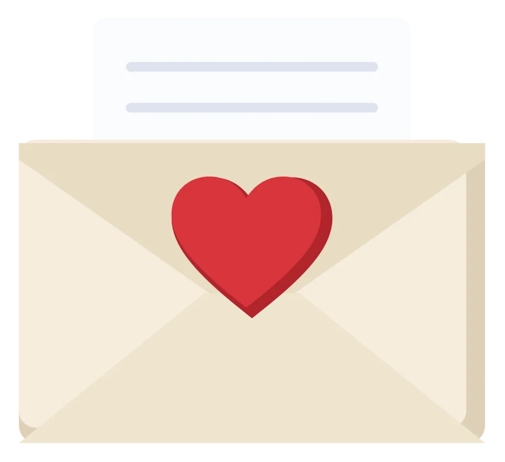 A cream envelope with a red heart seal and a letter showing above the flap.