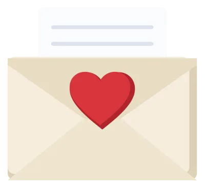 A cream envelope with a red heart seal and a letter showing above the flap.