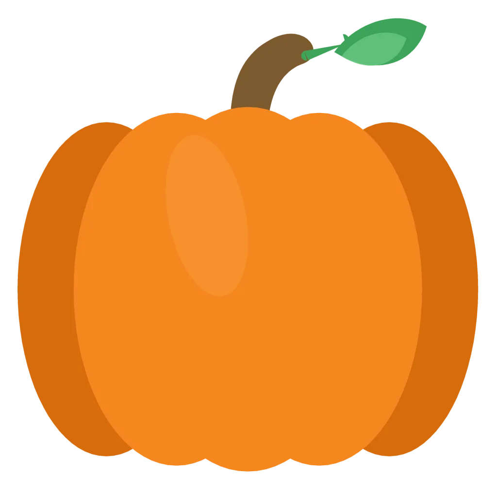 A round orange pumpkin with five ribbed lobes, a short curved brown stem and a green leaf.