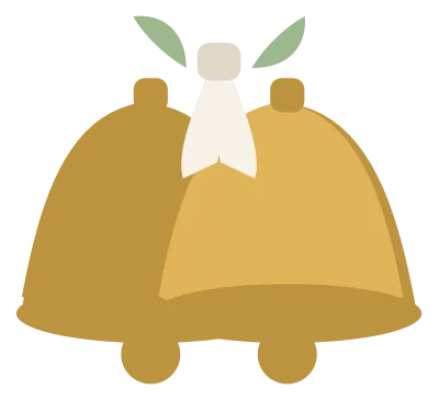 Two gold wedding bells tied with a white ribbon bow and a sprig of foliage.