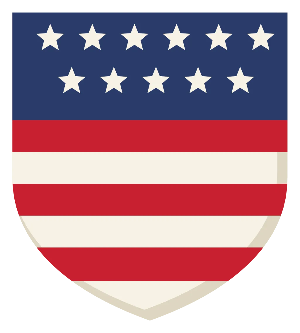 A shield in stars and stripes, navy with white stars above red and white bars.