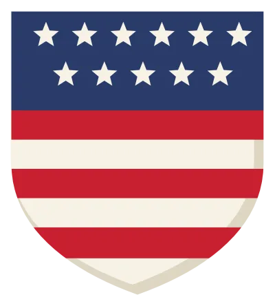 A shield in stars and stripes, navy with white stars above red and white bars.