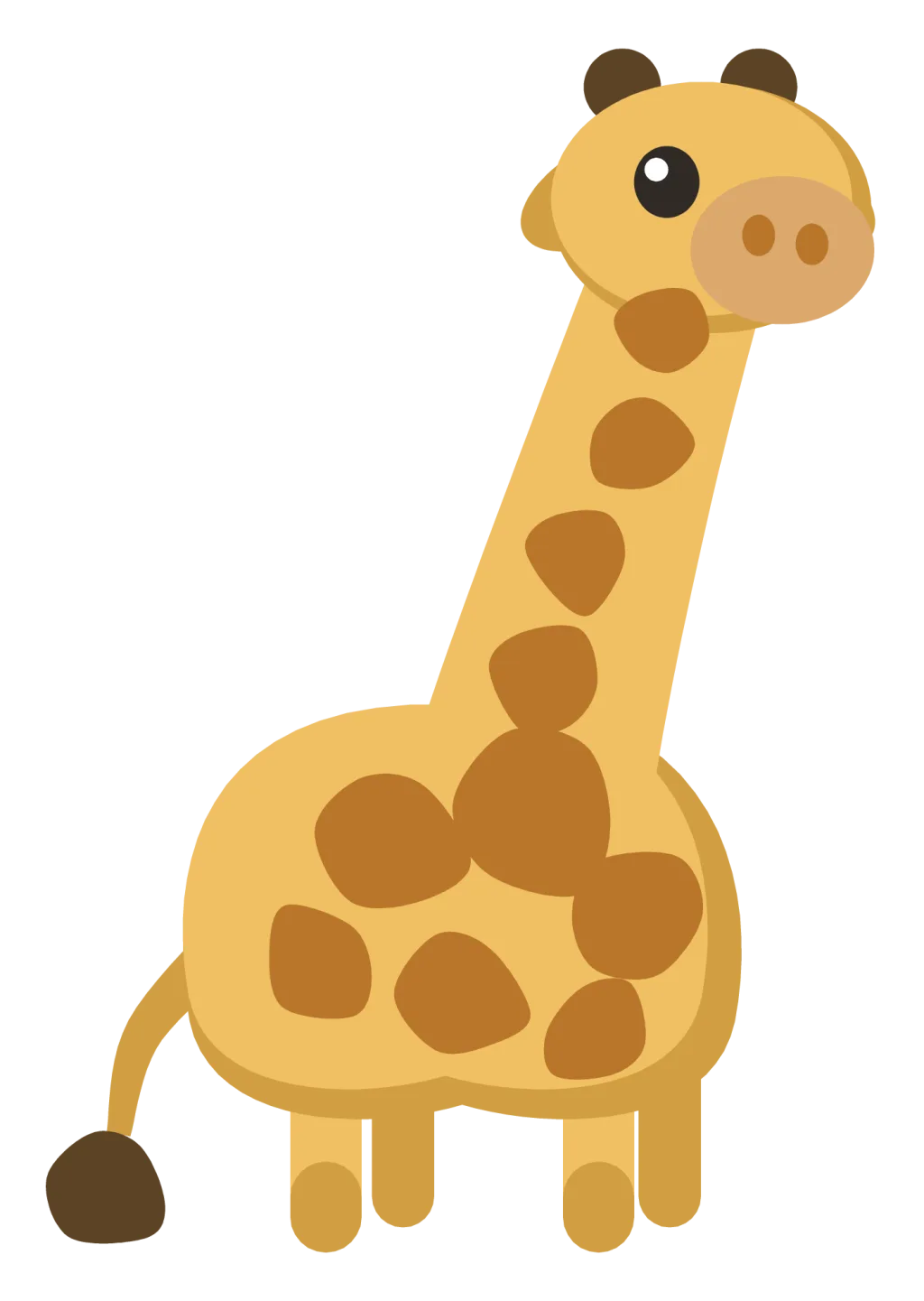 A tall spotted giraffe in side view with a long neck, ossicones and tufted tail.
