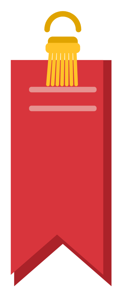 A red ribbon bookmark with a notched end and a small tassel hanging from the top.