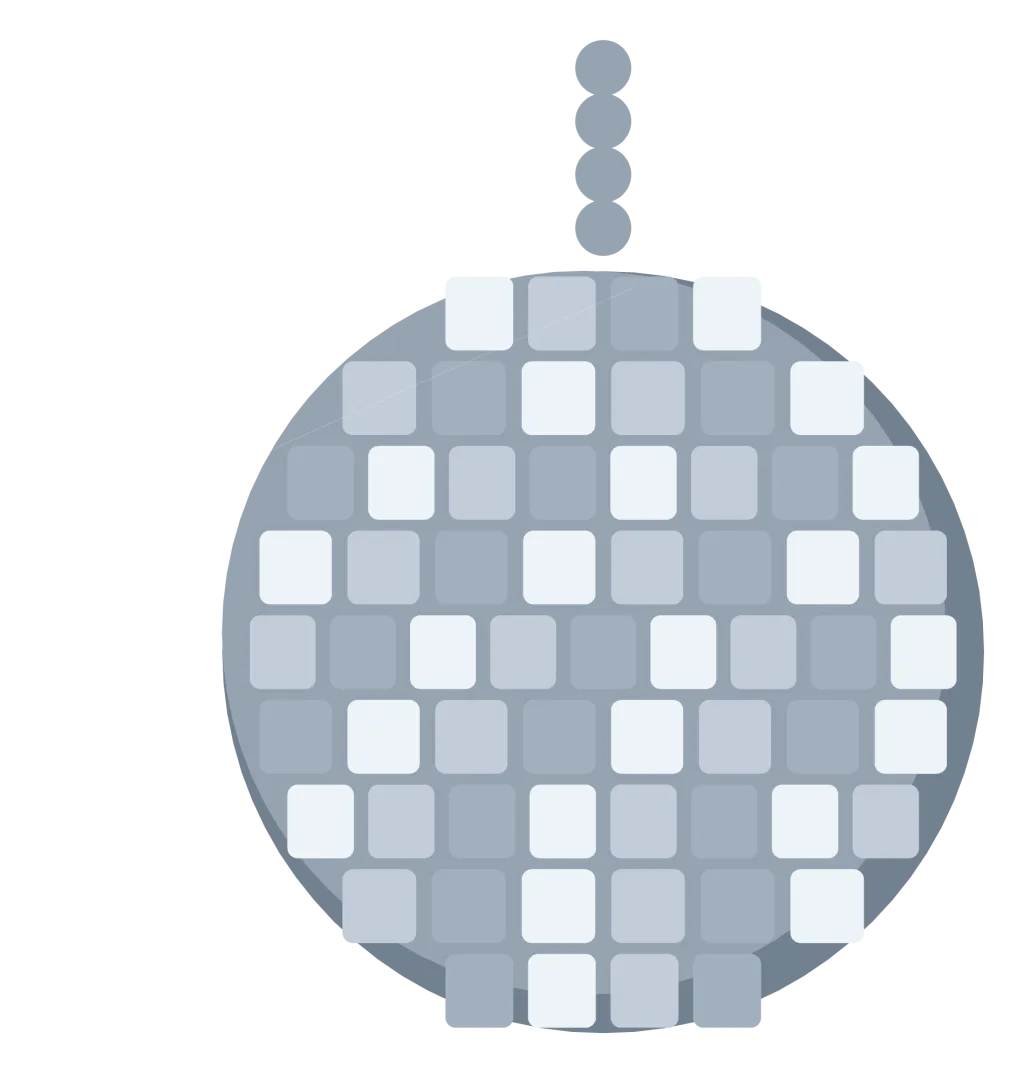 A silver mirrored disco ball hanging from a short chain, with light glinting off its facets.