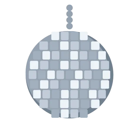 A silver mirrored disco ball hanging from a short chain, with light glinting off its facets.
