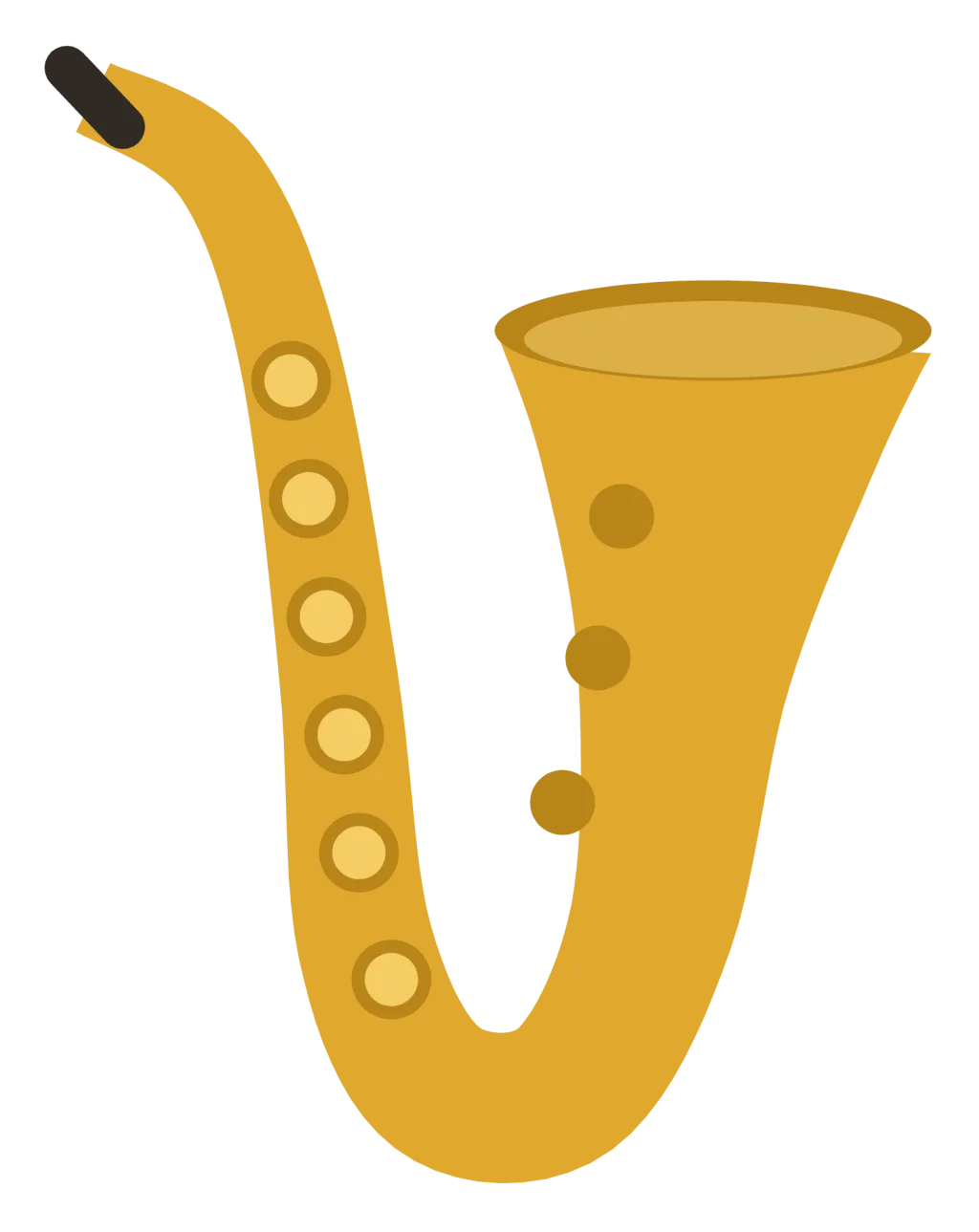 A golden saxophone with a curved neck, a U-bend at the base and a bell flaring upward.
