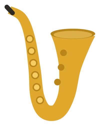 A golden saxophone with a curved neck, a U-bend at the base and a bell flaring upward.