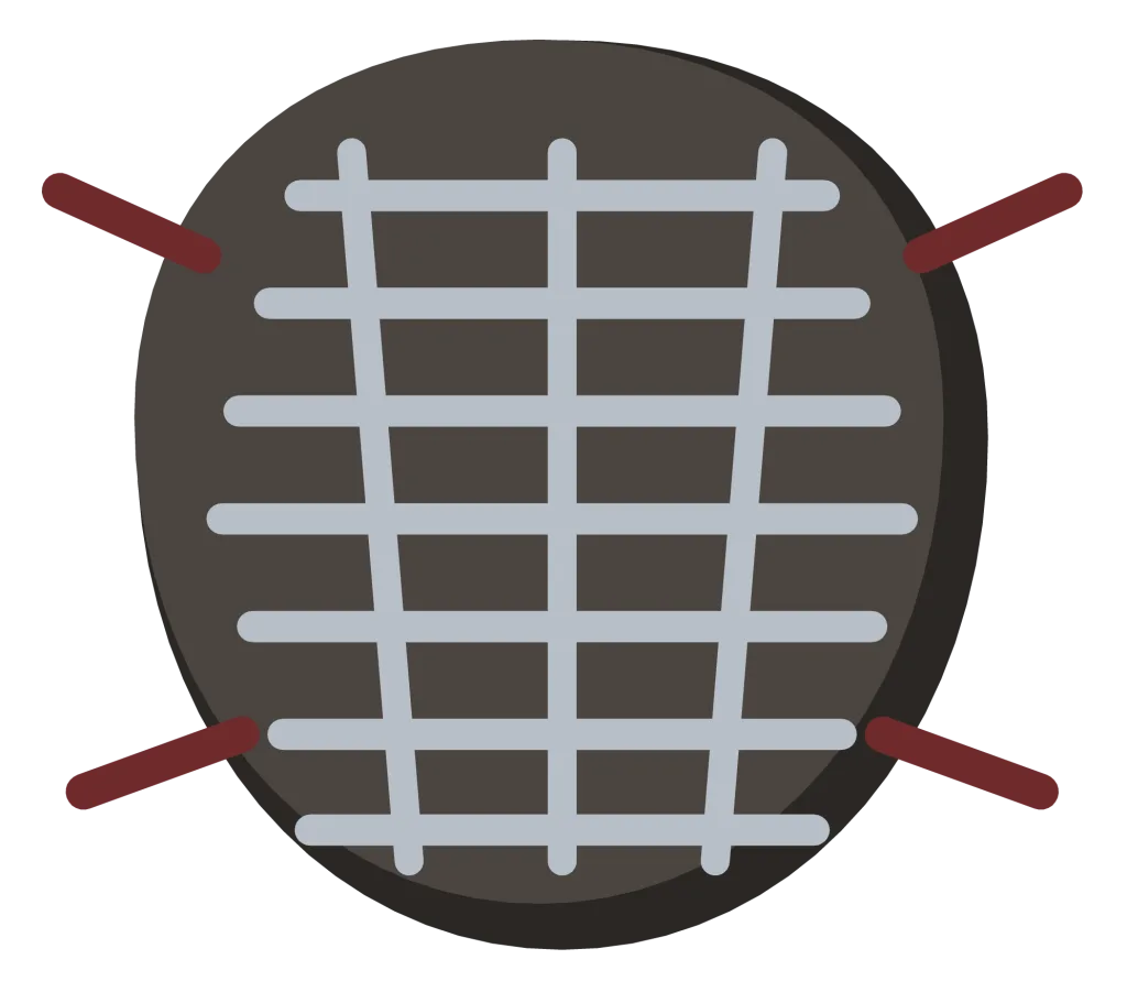 A steel catcher’s mask seen from the front, with a barred cage and padding round the edge.