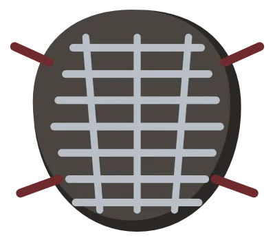 A steel catcher’s mask seen from the front, with a barred cage and padding round the edge.