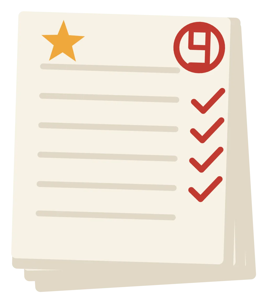A stack of marked worksheets with red ticks, a circled grade and a star on the top sheet.