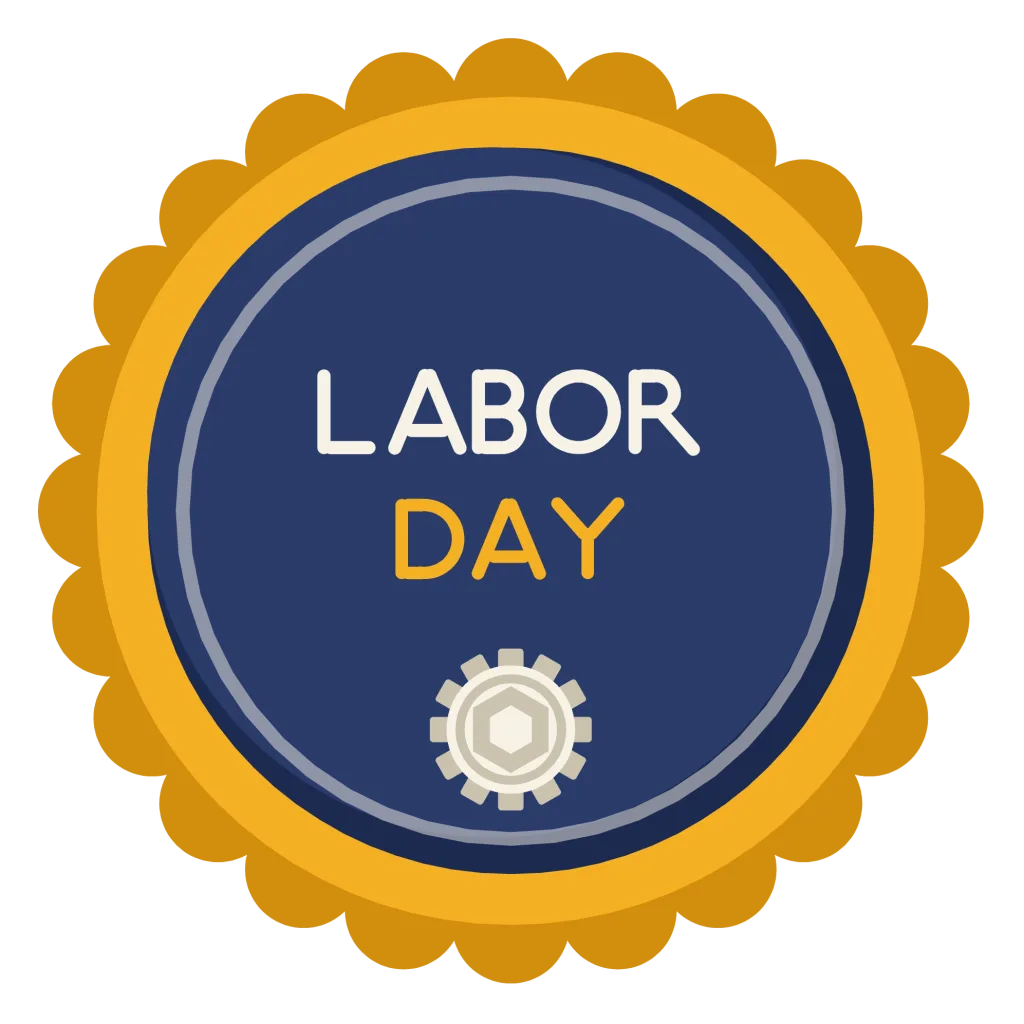 A round navy badge with a scalloped gold rim reading Labor Day in two lines, above a gear.