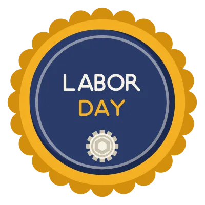 A round navy badge with a scalloped gold rim reading Labor Day in two lines, above a gear.