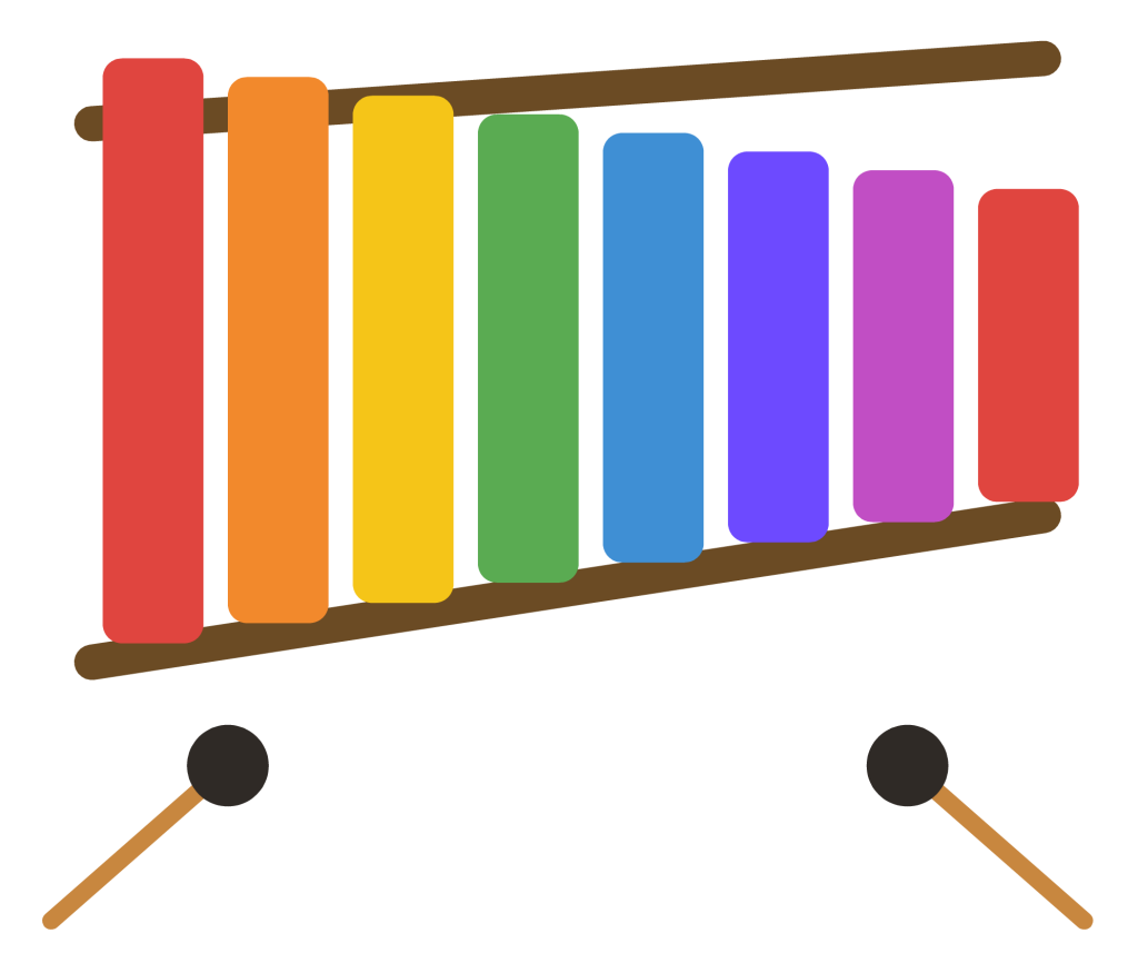 A xylophone with coloured bars of decreasing length on two rails, with two mallets.
