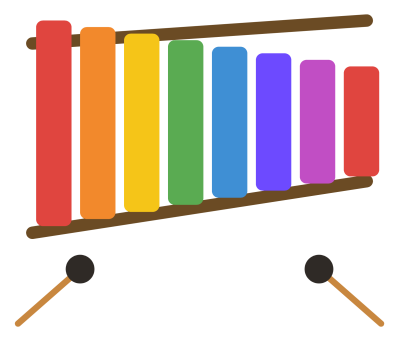 A xylophone with coloured bars of decreasing length on two rails, with two mallets.