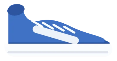 A blue running shoe in side view with a white sole, laces and a contrast side panel.