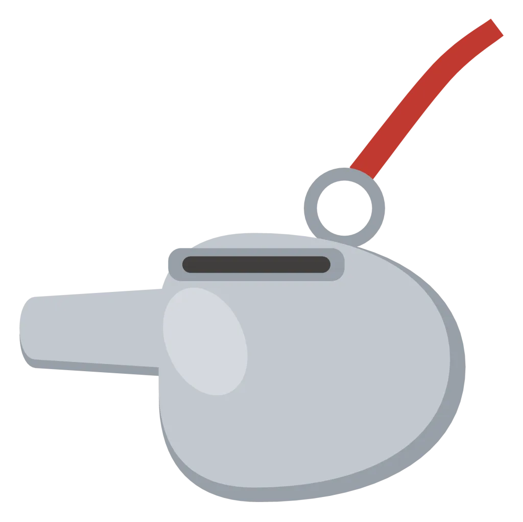 A silver coach’s whistle on a red lanyard, with a rounded body and a slot on top.