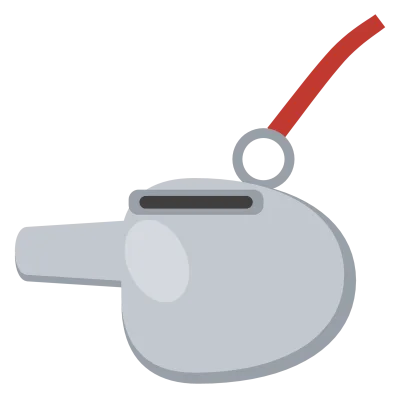 A silver coach’s whistle on a red lanyard, with a rounded body and a slot on top.