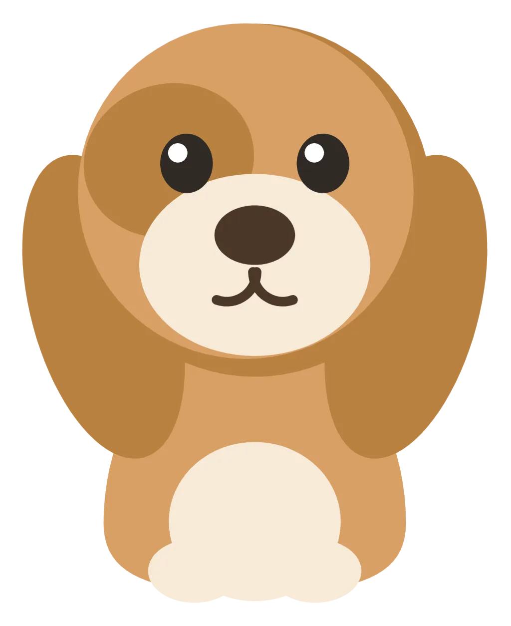 A small round brown and cream puppy sitting down, with one dark patch over an eye.