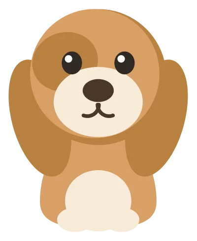 A small round brown and cream puppy sitting down, with one dark patch over an eye.