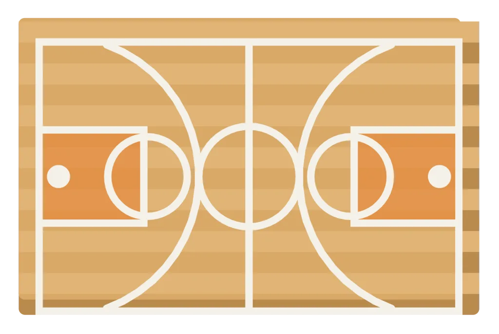 A basketball court seen from above, with a centre circle, a key at each end and three-point arcs.