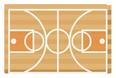 A basketball court seen from above, with a centre circle, a key at each end and three-point arcs.
