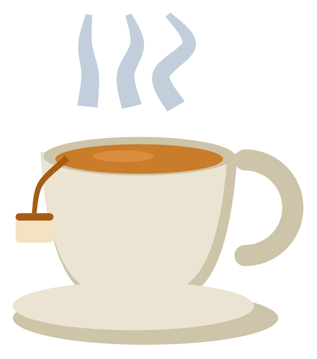 A white teacup on a saucer filled with amber tea, with a tea bag tag hanging over the rim.