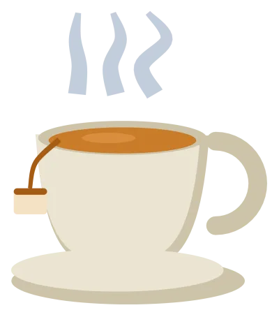 A white teacup on a saucer filled with amber tea, with a tea bag tag hanging over the rim.