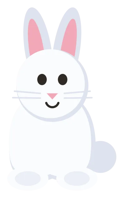 A white Easter bunny sitting upright with long ears, a pink nose and a round tail.