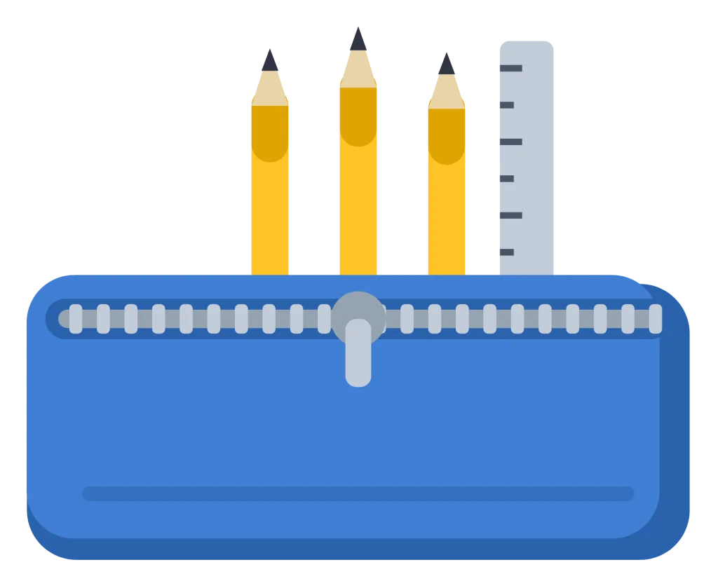 A blue zipped pencil case with three pencils and a ruler poking out of the top.