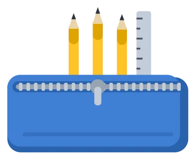 A blue zipped pencil case with three pencils and a ruler poking out of the top.