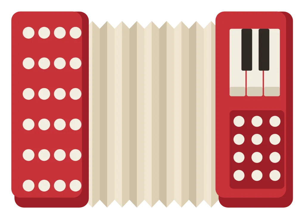 A red accordion with folded bellows between two boxes, keys on one side and buttons on the other.
