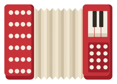 A red accordion with folded bellows between two boxes, keys on one side and buttons on the other.