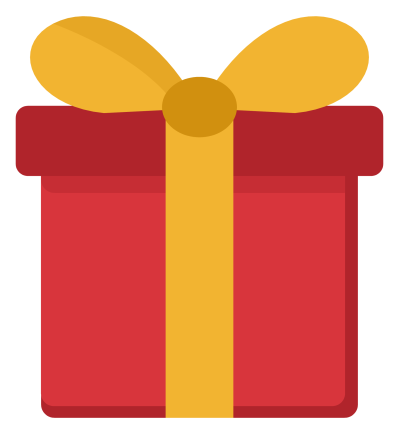 A red wrapped gift box with a gold ribbon crossing the lid and a large gold bow on top.