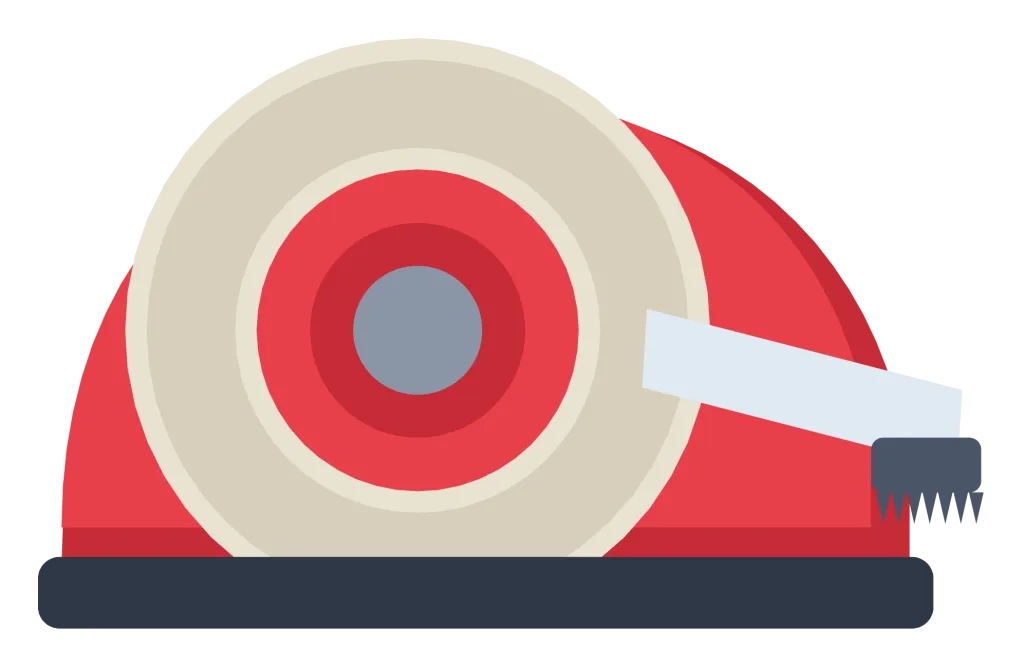 A weighted tape dispenser with a roll of clear tape and a serrated cutting edge.