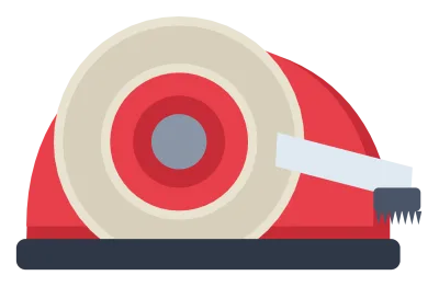 A weighted tape dispenser with a roll of clear tape and a serrated cutting edge.