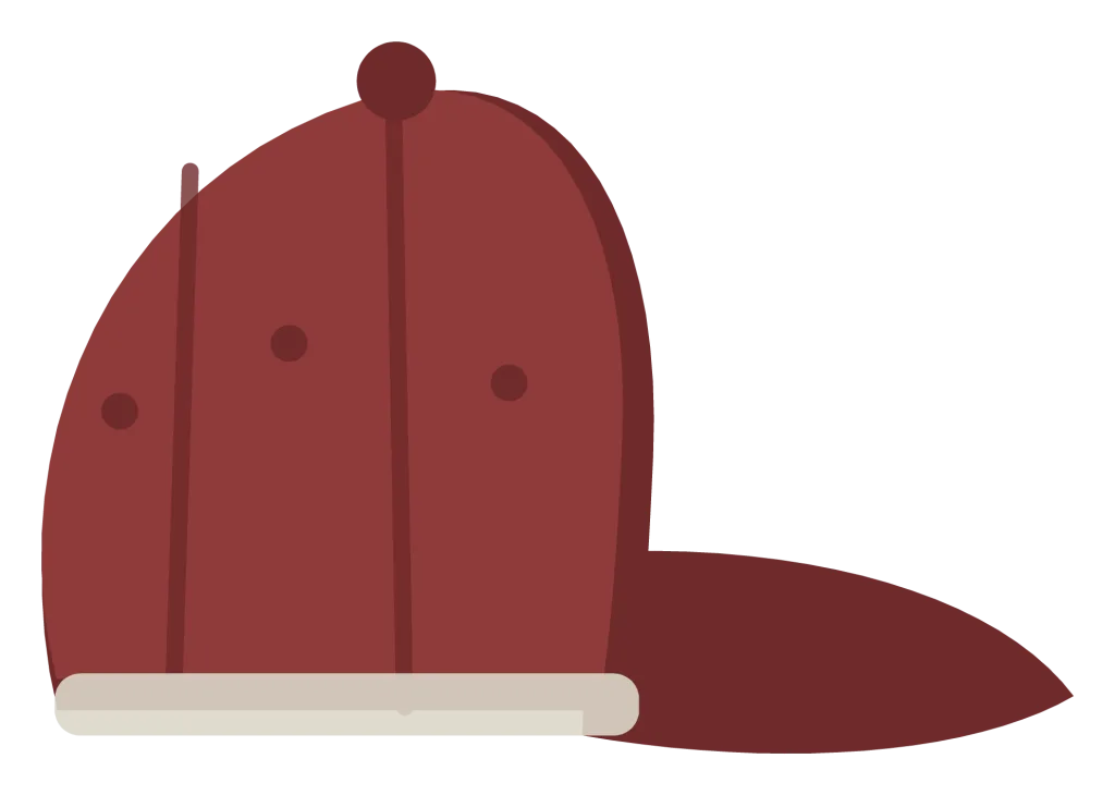 A maroon baseball cap in side view, with a curved peak, a seamed crown and a button on top.