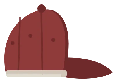 A maroon baseball cap in side view, with a curved peak, a seamed crown and a button on top.