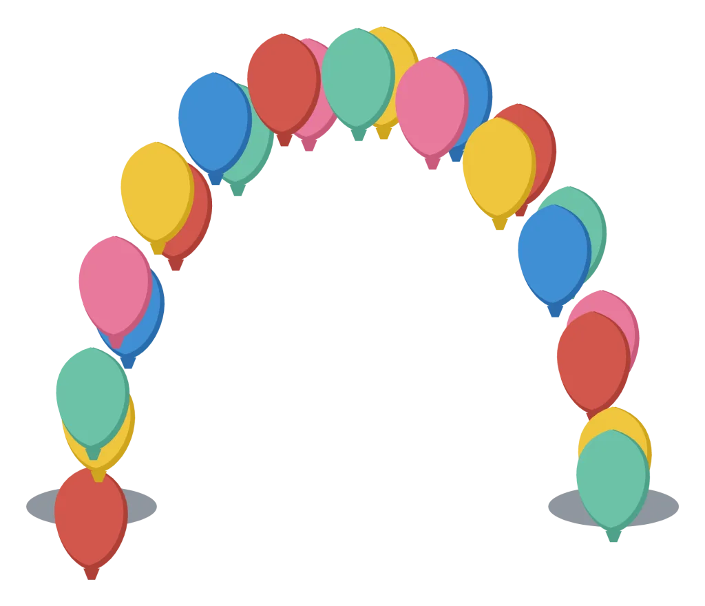 An arch of party balloons in alternating colours, curving over an open span.