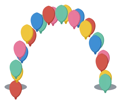 An arch of party balloons in alternating colours, curving over an open span.