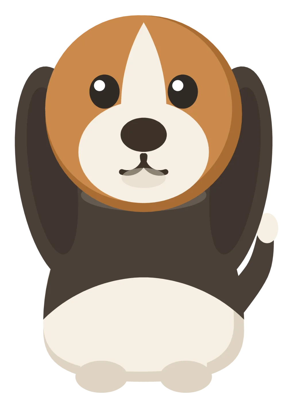 A tricolour beagle sitting upright, with a black saddle, tan head and long dark ears hanging past its jaw.