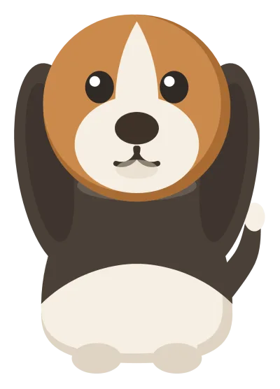 A tricolour beagle sitting upright, with a black saddle, tan head and long dark ears hanging past its jaw.